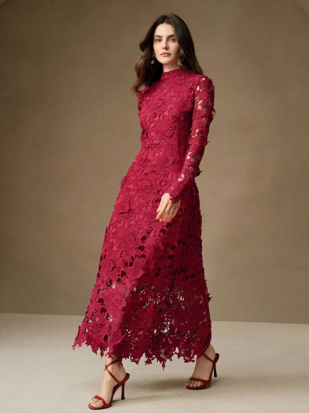 Elegant Long-Sleeve Lace Maxi Dress in Wine Red